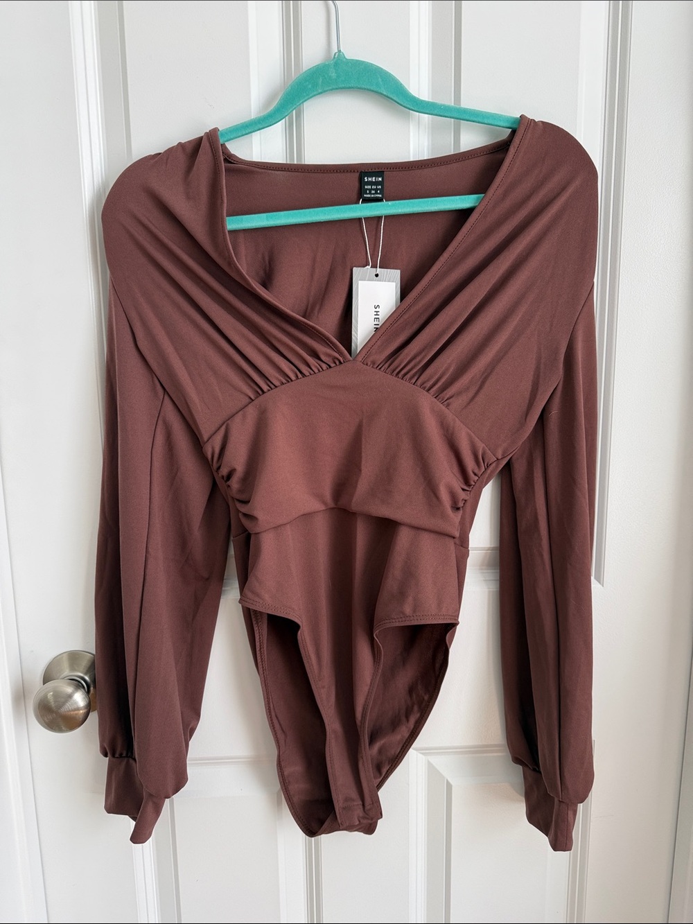 SHEIN Brown Long Sleeve Surplice Bodysuit